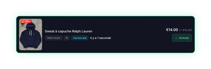 Annonce Vinted achetée en un clic avec l'Auto-Buy de VINTI