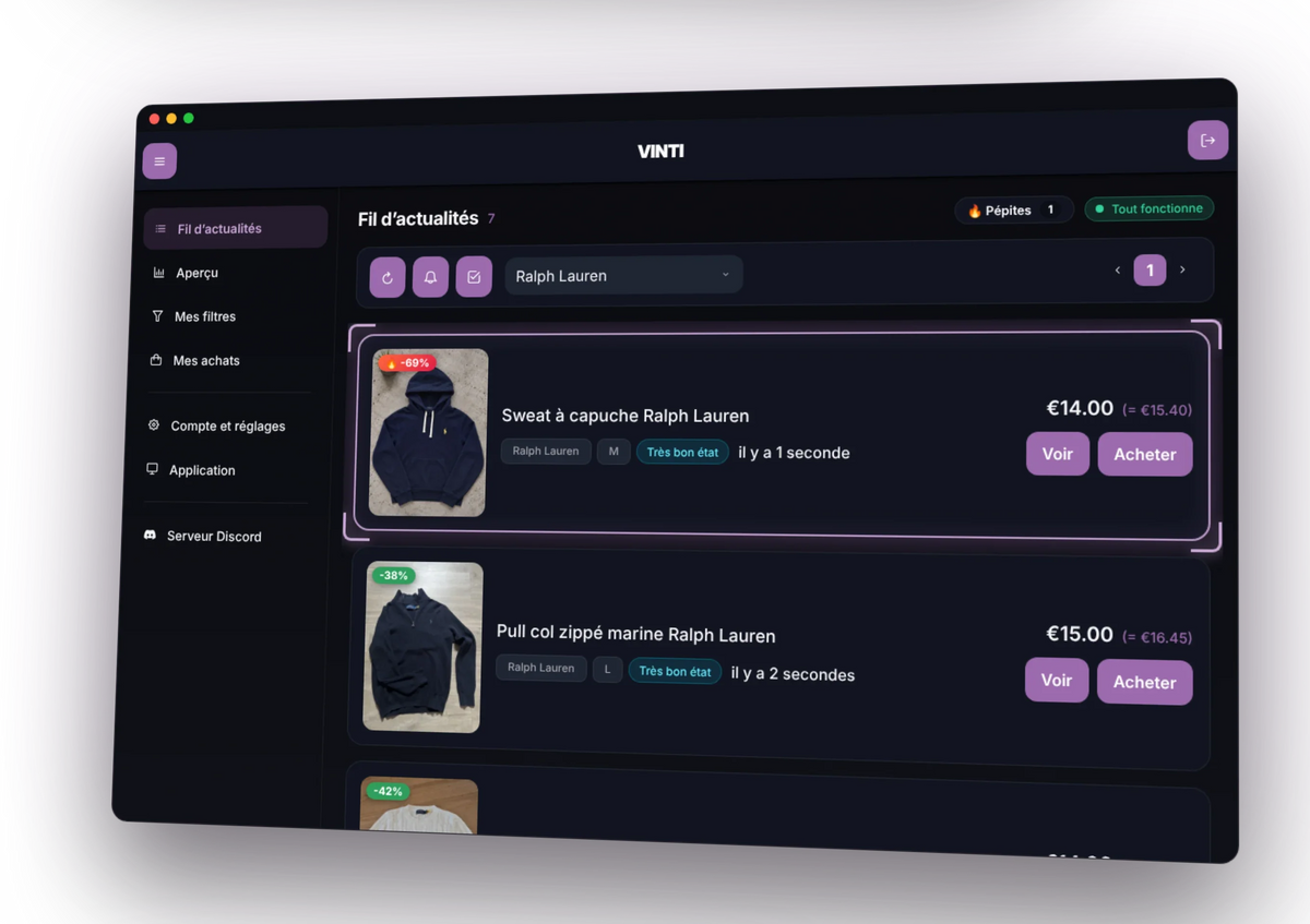 Interface de l'app VINTI : Flux en temps réel des nouvelles annonces Vinted
