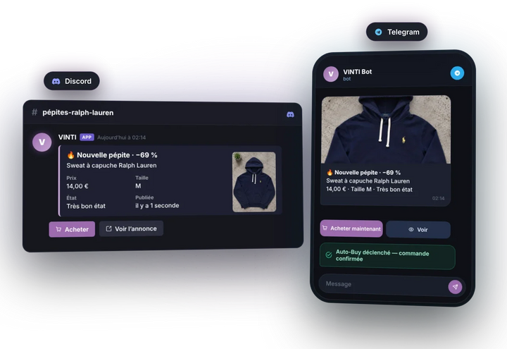 Alerte VINTI reçue sur Discord avec la photo, le prix et le lien de l'annonce Vinted