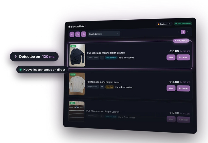 Flux en temps réel de l'app VINTI avec l'état de la surveillance de vos recherches Vinted