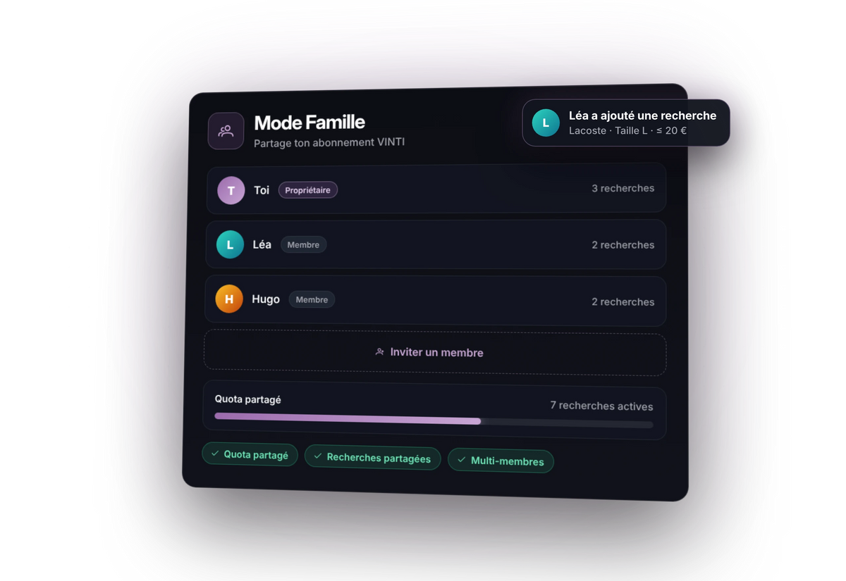 Mode Famille de l'app VINTI : chaque membre de la famille a son espace et ses recherches Vinted