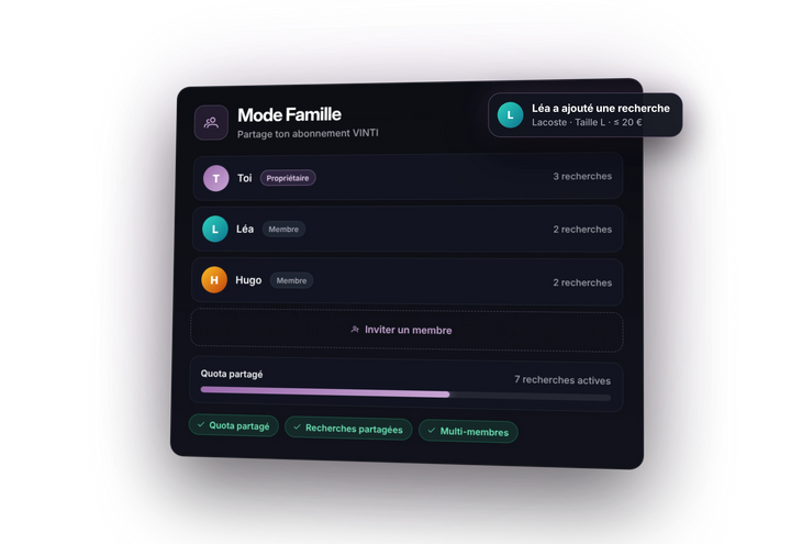 Mode Famille de l'app VINTI : chaque membre de la famille a son espace et ses recherches Vinted