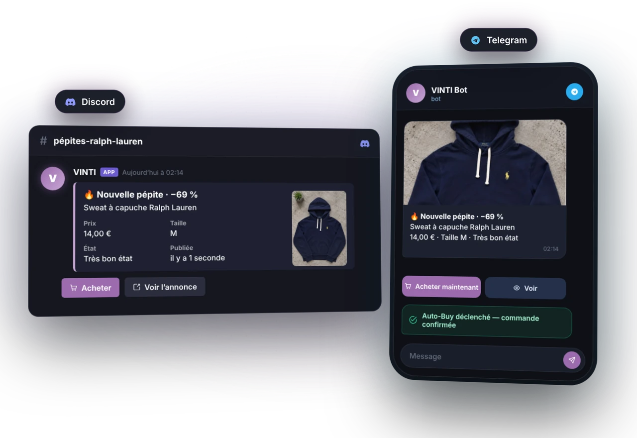 Alerte VINTI reçue sur Discord et Telegram, avec bouton Acheter