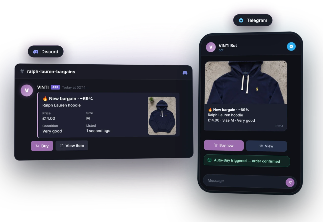 VINTI alert received on Discord and Telegram, with a Buy button