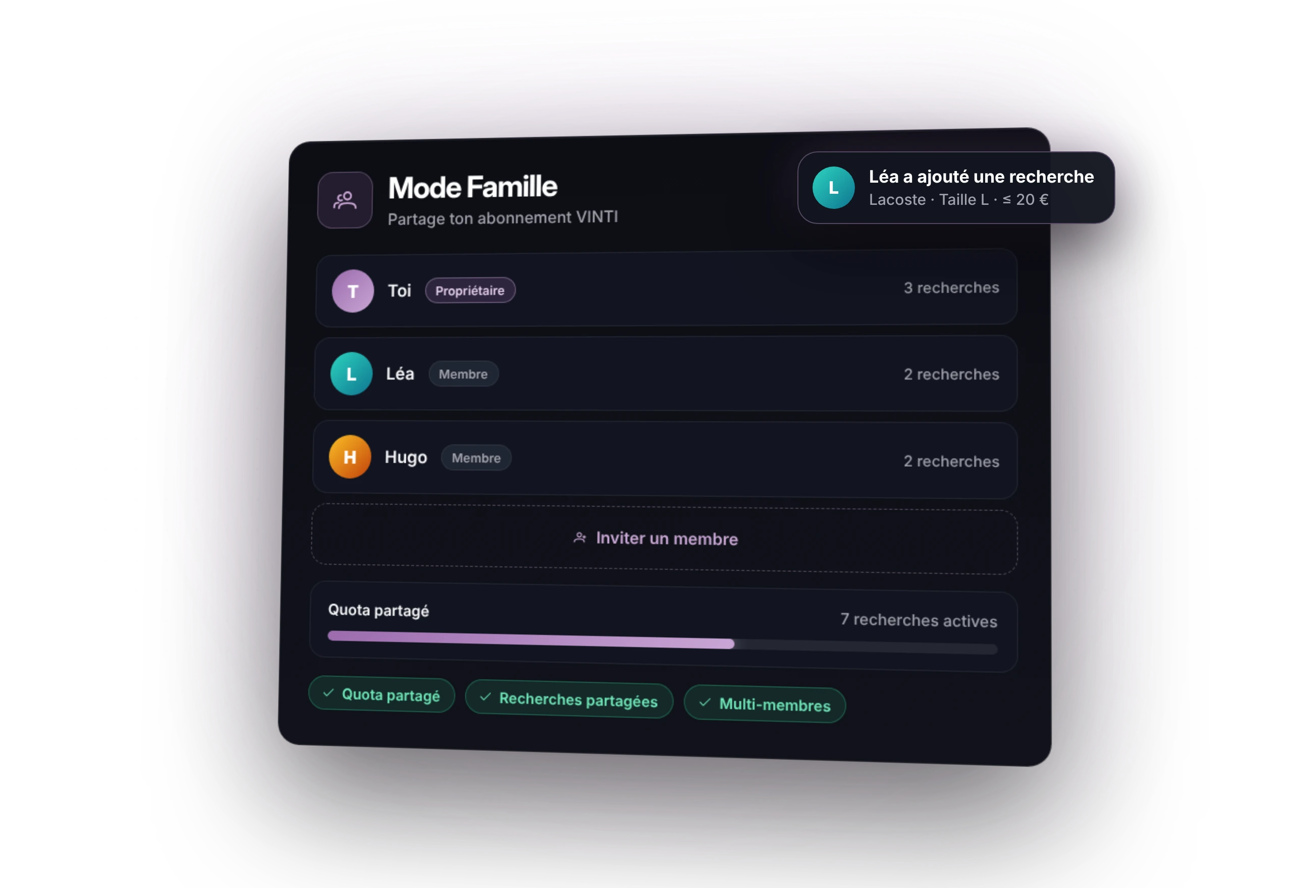 Mode Famille de l'app VINTI : chaque membre de la famille a son espace et ses recherches Vinted