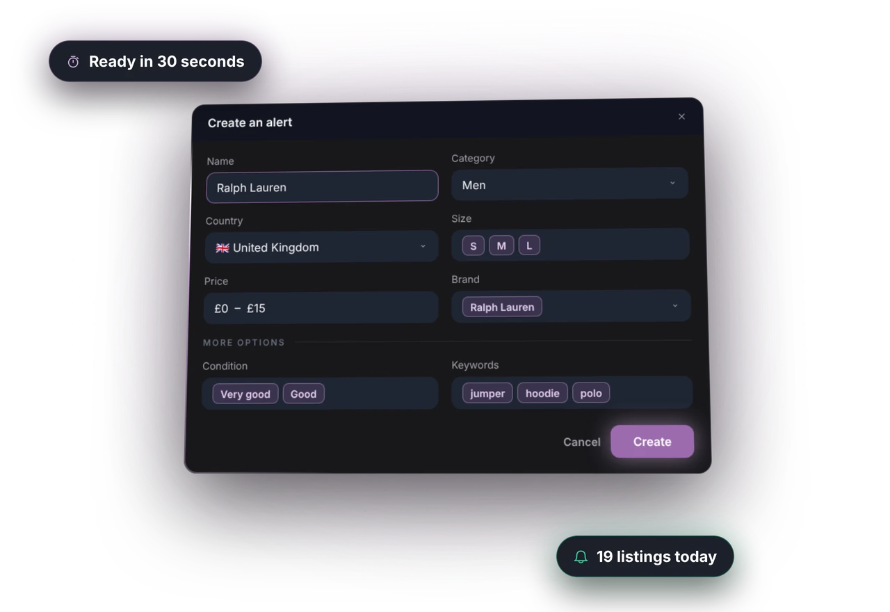 Creating a VINTI alert: brand, size, price, condition, country, keywords